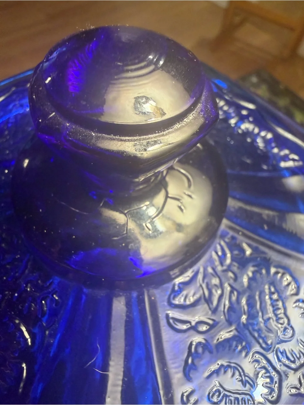 Anchor Hocking Cobalt Blue Floral Glass Biscuit Barrel  Lid